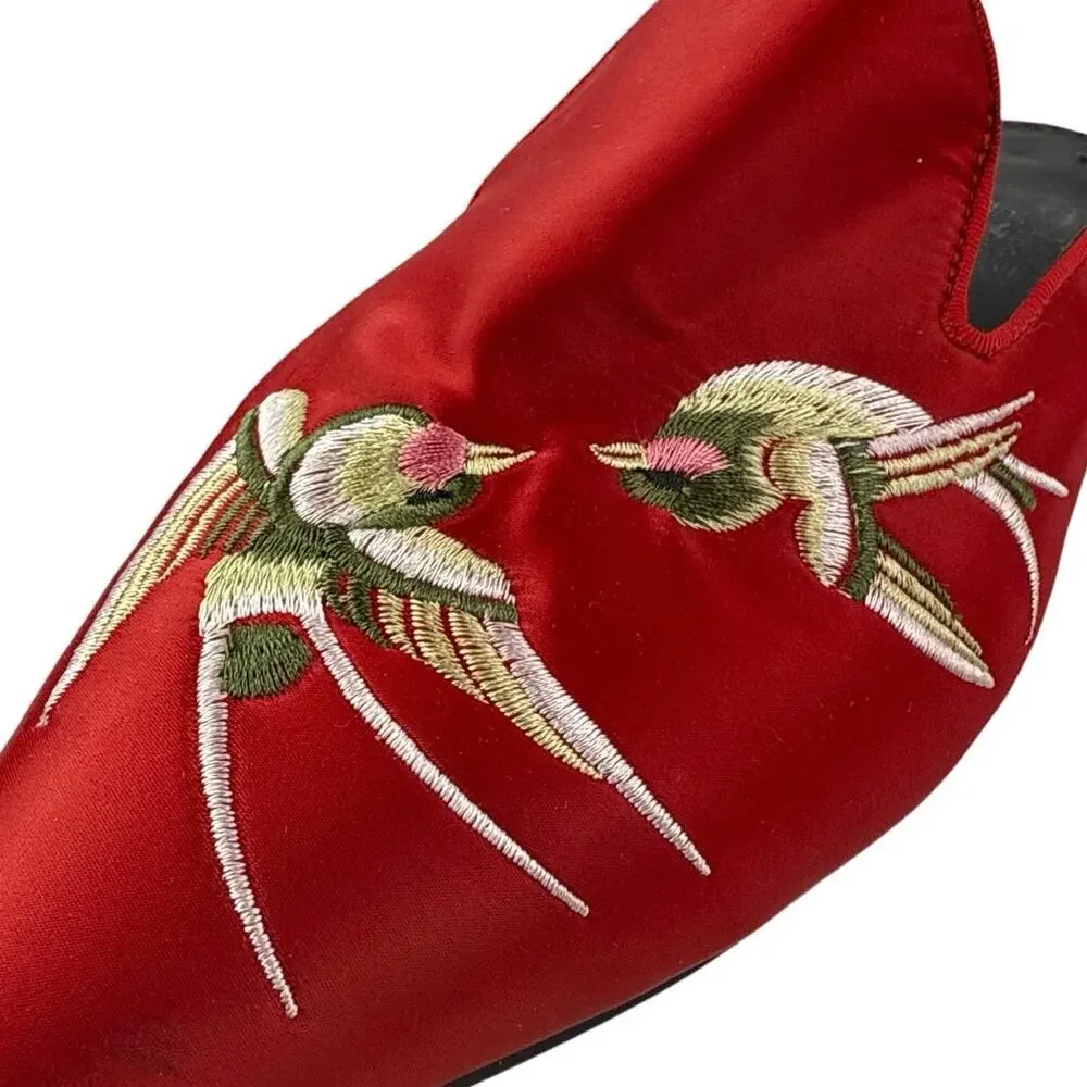 Veowalk Swallow Womens Red Embroidered Satin Pointed Toe Slip On Flats Size 7